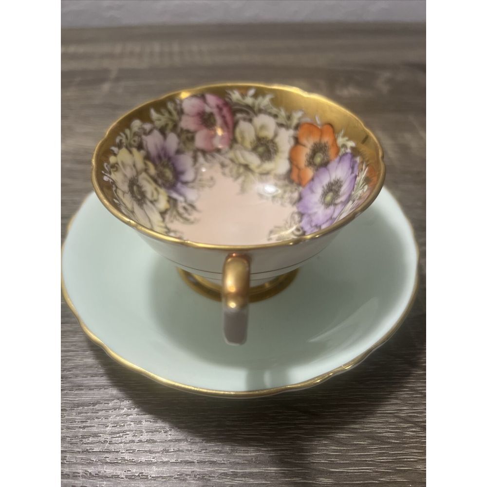 VTG Paragon Anemones Poppies on Gold Pink Background Tea Cup & Saucer Blue Rare! - Picture 9 of 16